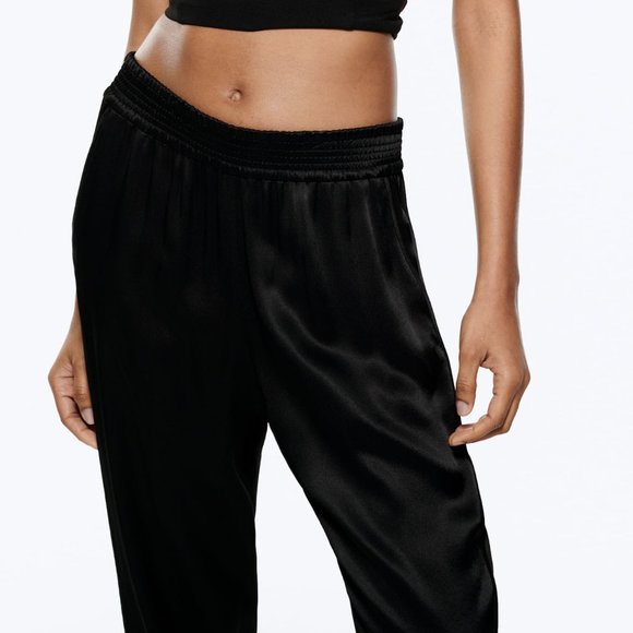 NWT Zara Black Satin High Waist Jogger Slit Hem Pants - Picture 7 of 7